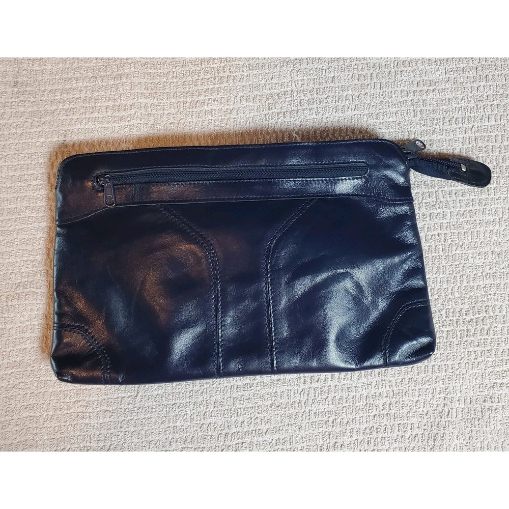 Contessa Vtg Geniune Leather‎ Clutch Navy Evening Minimalist Luxe EUC